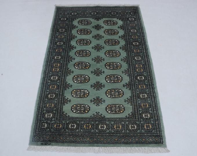 3.2 X 5.1 ft Green Geomatrical Handmade ,Mori Bokhara Cotton and Wool