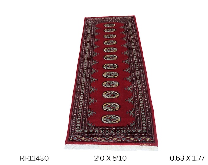 2.0 X 5.10 ft Red Geomatrical Handmade Runner, Mori Bokhara Cotton and Wool