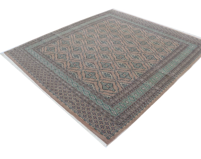 7 X 8 ft Brown and Green Geomatrical Handmade, Fine Jaaldar Cotton and Worsted Wool
