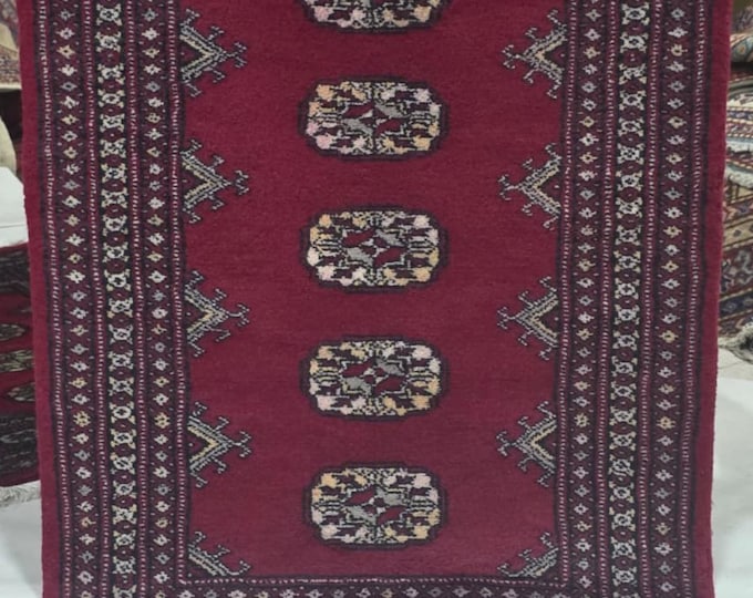 2 X 3 ft Red Geometrical Handmade, Mori Bokhara Cotton and Wool