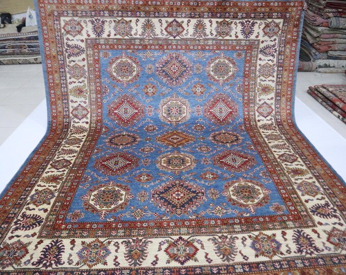 8x10 Blue Kazak Rug - Afghan Handmade Wool, Geometric Design