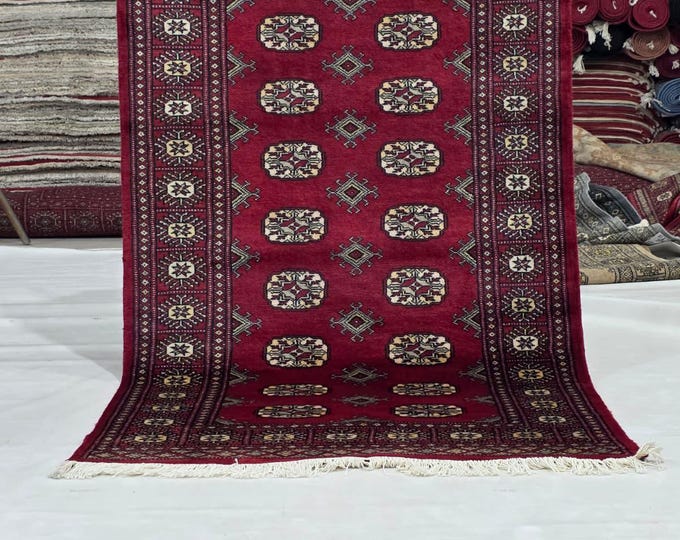 3 X 4 ft Red Geometrical Handmade, Mori Bokhara Cotton and Wool