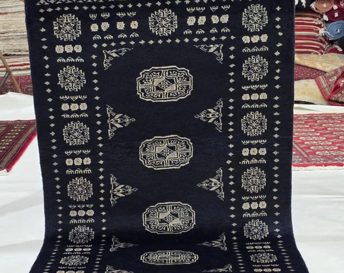 2.5 X 4 ft Black Geometrical Handmade, Mori Bokhara Rug Cotton and Wool