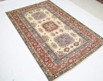 5x8 Beige Geometric Kazak Rug - Handmade Afghan Wool