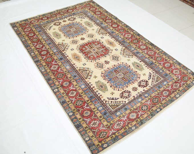 5x8 Beige Geometric Kazak Rug - Handmade Afghan Wool