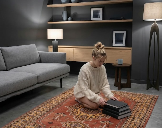 4.1 X 5.10 ft Copper Geomatrical Handmade ,Farsh-e-Nayle Cotton Wool and Silk touch