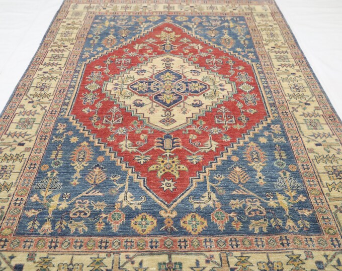 Handmade Heriz Wool Rug (4.8x7.1 ft) – Blue Red Medallion, Afghan Design