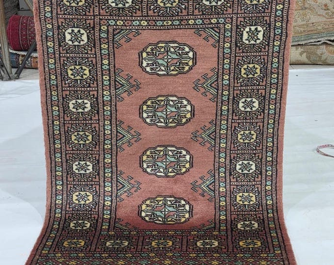 2 X 3 ft Copper Geometrical Handmade, Mori Bokhara Cotton and Wool