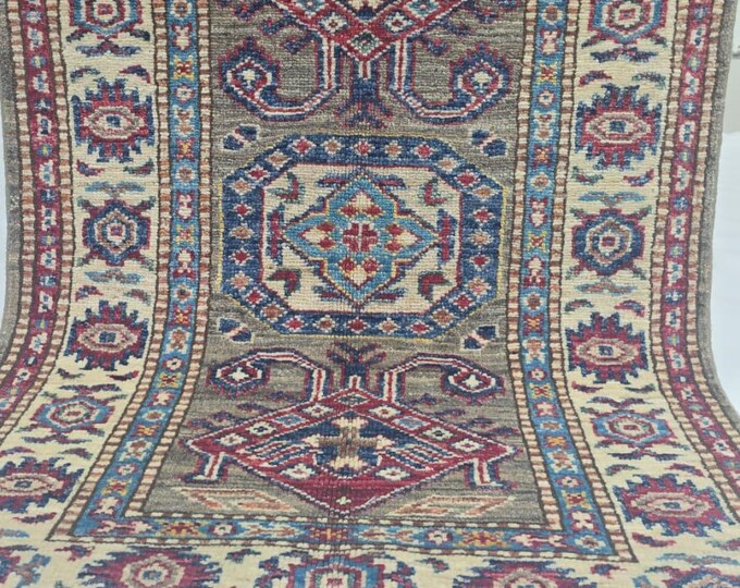 2 X 3 ft Handmade Floral Super Kazak Rug, Gray and Beige, Cotton and Wool