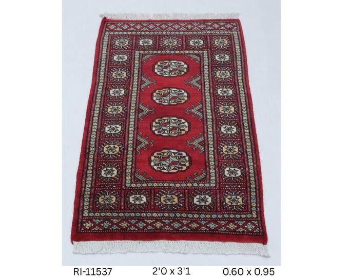 2.0 X 3.1 ft Red Geomatrical Handmade ,Mori Bokhara Cotton and Wool