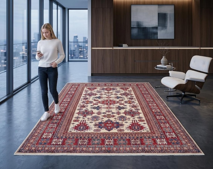 5.0 X 8.0 ft Red and Beige Geomatrical Handmade, Super Kazak Cotton and Wool