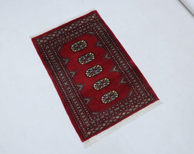 2.1 X 3.0 ft Red Geomatrical Handmade, Mori Bokhara Cotton and Wool