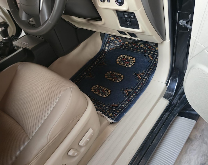 1.5 X 2 ft Geomatric Handmade Car Mats Pair, Blue Wool Car Floor Rugs, Cotton and Wool Car Mats