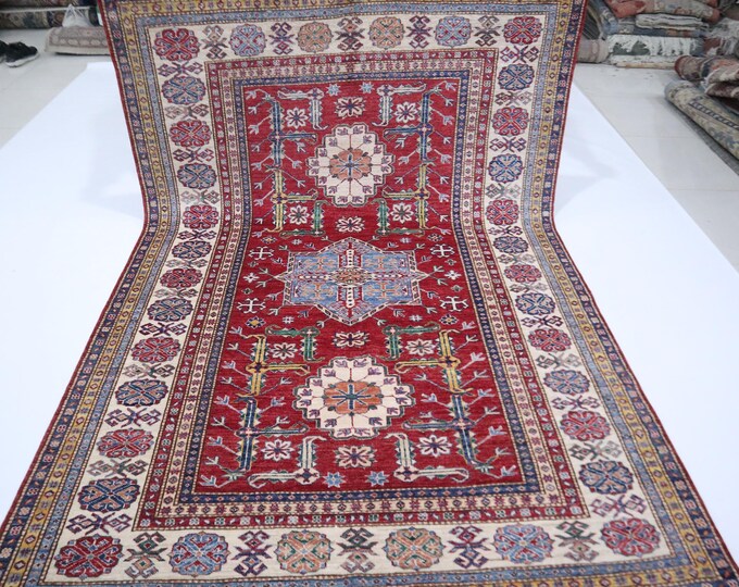Red Kazak Rug 6x8 Ft – Afghan Geometric Wool Area Rug