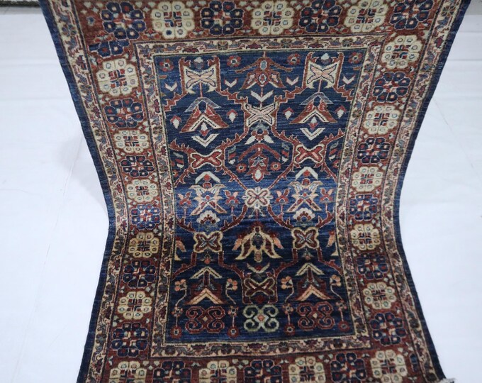 3x5 Blue Afghan Chobi Rug, Hand Knotted Wool, Floral Oriental Rug