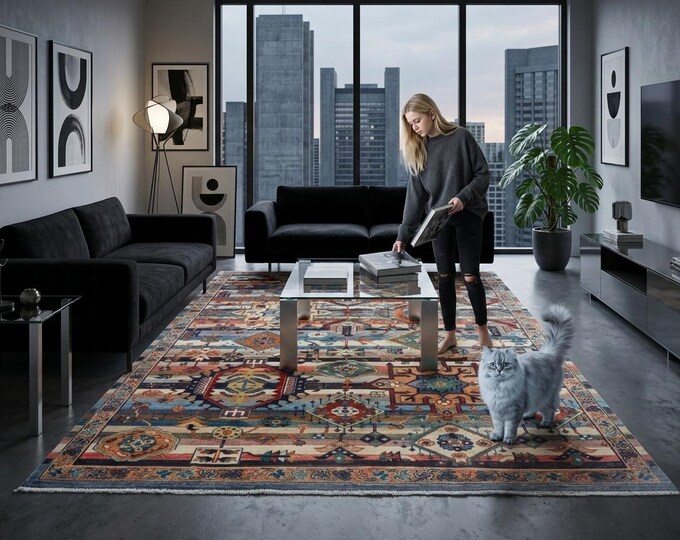 5.6 X 7.10 ft Rainbow Geomatrical Handmade ,Heriz Cotton and Wool