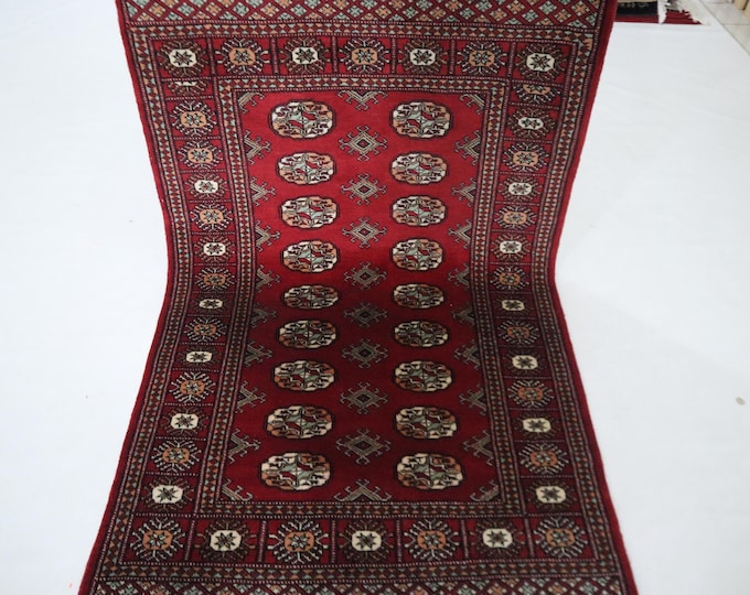 Hand Knotted Wool Mori Bokhara Rug, Red Geometric Tribal Rug (3x5 Ft)