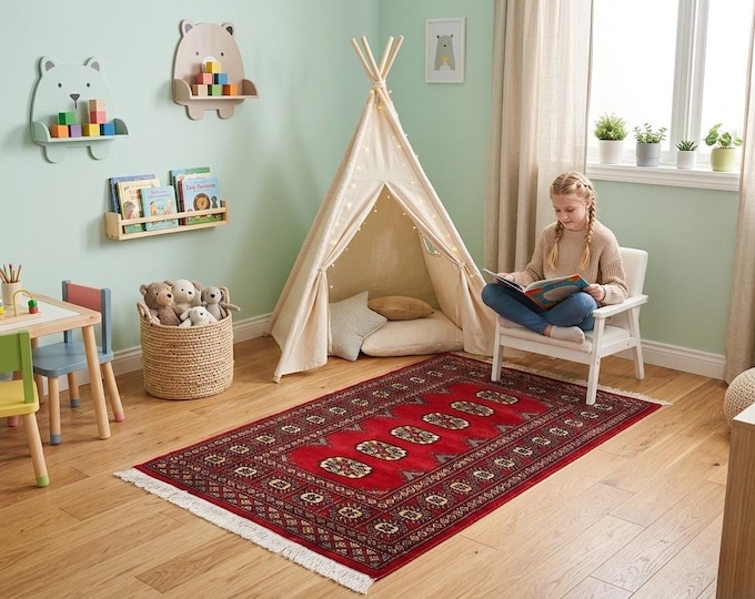 2.8 X 3.9 ft Red Geomatrical Handmade Runner, Mori Bokhara Cotton and Wool