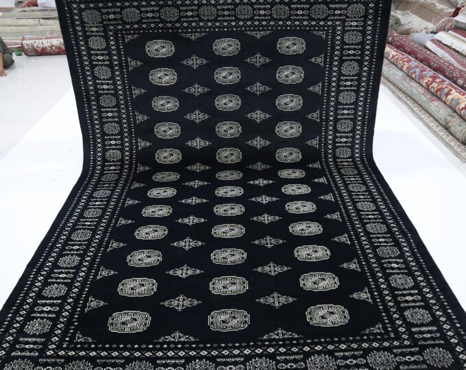 Black Mori Bokhara Rug, 7x10 Hand Knotted Wool Rug, Tribal Geometric Design
