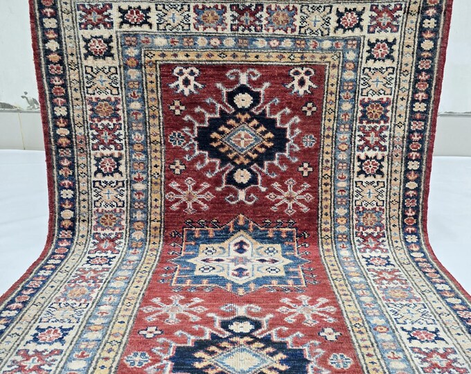 2.5 X 4 ft Handmade Floral Super Kazak Rug, Beige and Red, Cotton and Wool