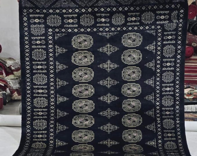 4 X 6 ft Black Geometrical Handmade , Mori Bokhara Cotton and Wool