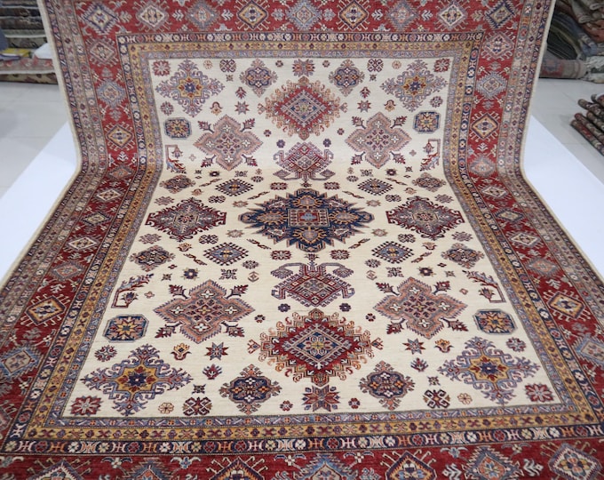 8x10 Beige & Red Kazak Rug - Handmade Afghan Wool Geometric Area Rug