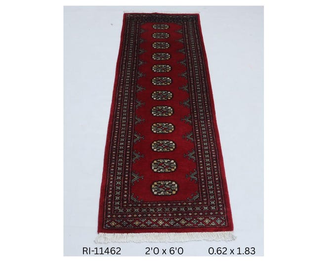 Hand-knotted Mohri Bokhara Cotton and Wool Rug, Geomatrical in Red base and Red border, 2.0 x 6.0 ft