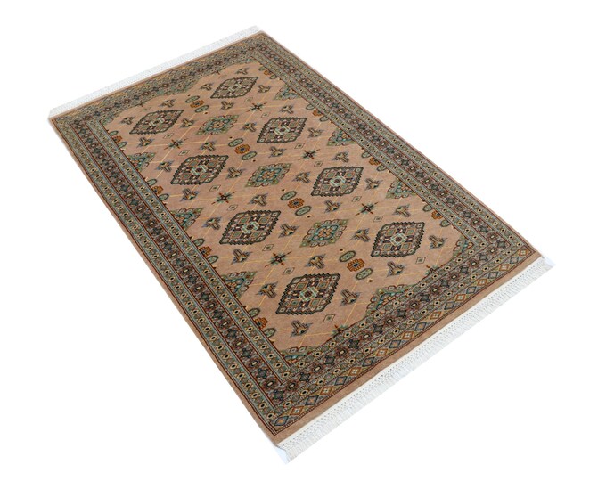 3 X 5ft Brown Geomatrical Handmade, Fine Jaaldar Cotton and Worsted Wool