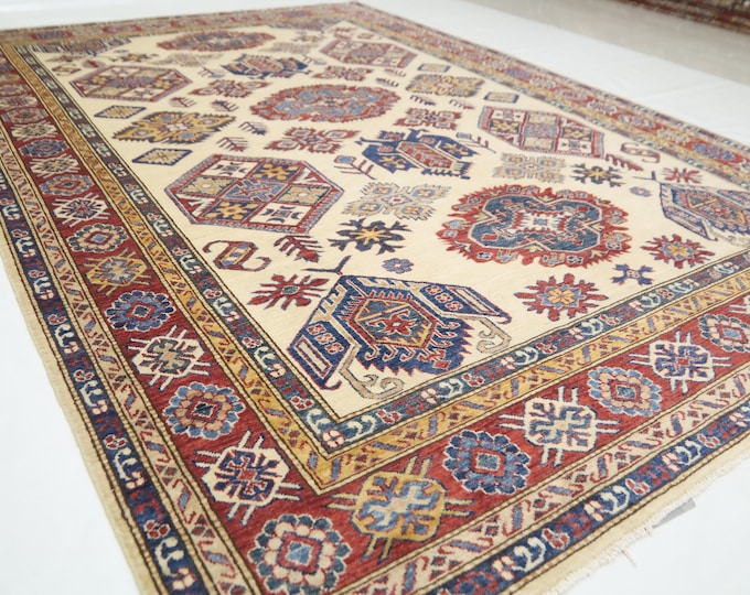 Beige 7x10 Afghan Kazak Rug – Hand Knotted Organic Wool
