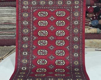 3 X 5 ft Geometrical Mori Bokhara Rug, Red, Handmade Cotton and Wool