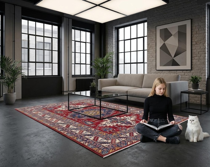 5 X 6 ft Red and Beige Geomatrical Handmade, Super Kazak Cotton and Wool