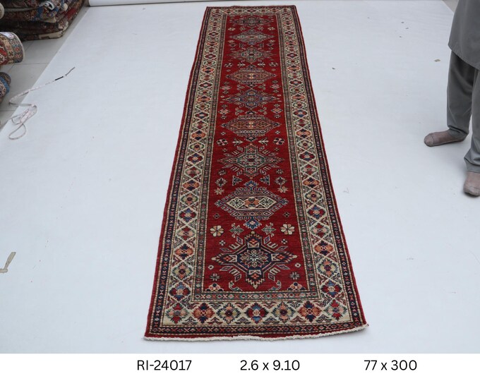 Hand-knotted Super Kazak Cotton and Wool Rug, Geomatrical in Red base and Beige border, 2.6 x 9.10 ft
