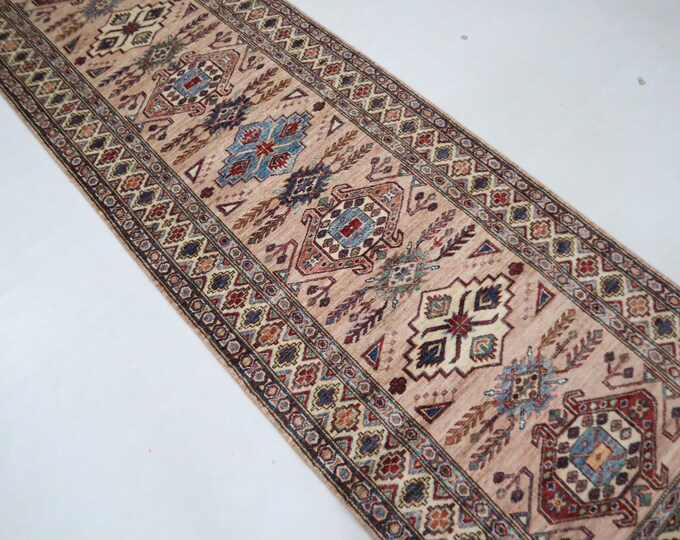 9 Ft Salmon Pink Kazak Rug, Hand Knotted Afghan Wool Runner