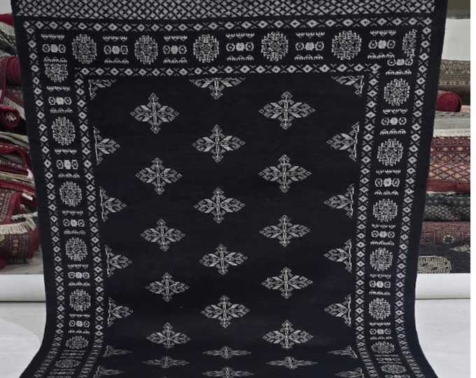 4 X 6 ft Black Geometrical Handmade , Mori Bokhara Cotton and Wool