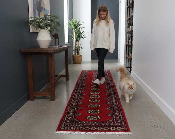 2.1 X 5.9 ft Red Geomatrical Runner Handmade, Mori Bokhara Cotton and Wool