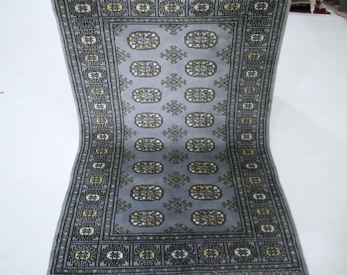 Hand Knotted Wool Mori Bokhara Rug, Gray Geometric Tribal Rug (3x5 Ft)