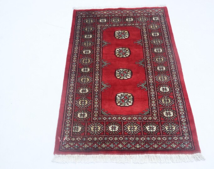2.7X 4.2 ft Red Geomatrical Handmade Runner, Mori Bokhara Cotton and Wool
