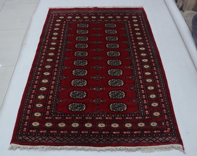 4.2 X 5.11 ft Red Geomatrical Handmade Runner, Mori Bokhara Cotton and Wool