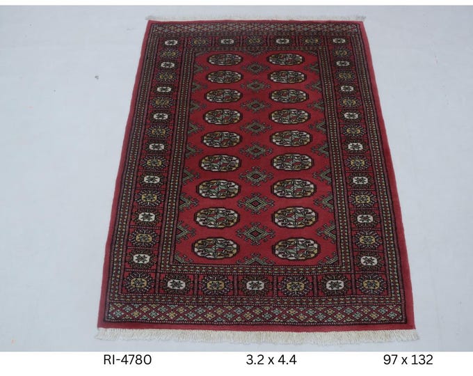 3.2 X 4.4 ft Red Geomatrical Handmade ,Mori Bokhara Cotton and Wool