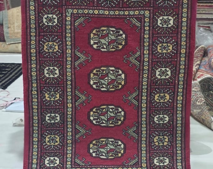 2 X 3 ft Red Geometrical Handmade, Mori Bokhara Cotton and Wool
