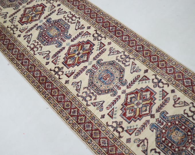 10 Ft Beige Red Kazak Runner Rug, Hand-Knotted Wool Geometric Afghan Rug