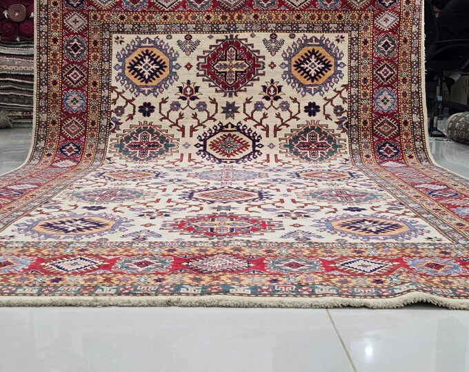 5.5 X 8 ft Handmade Geometrical Super Kazak Rug, Beige and Red, Cotton and Wool