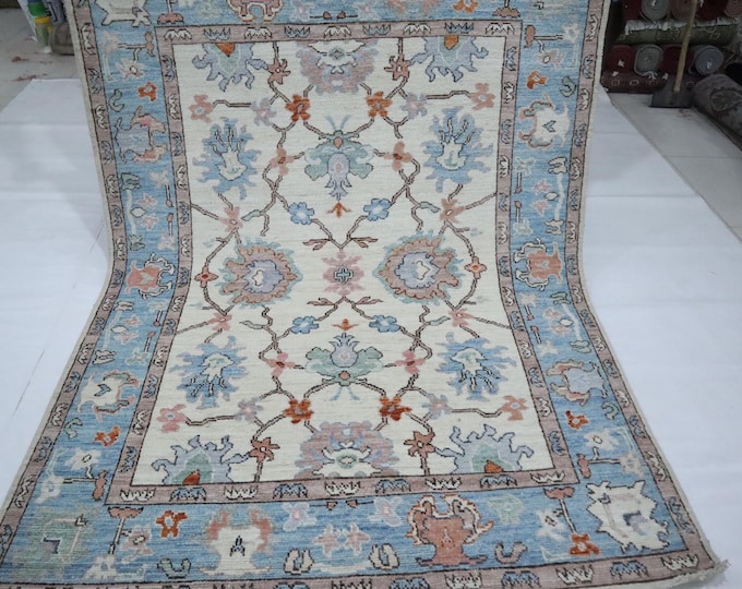 5x7 Beige and Blue Oushak Rug - Handmade Wool Floral Turkish Rug