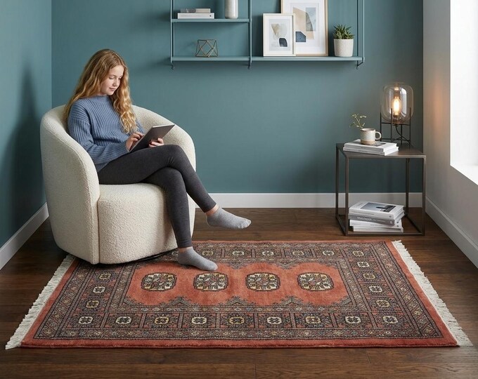 2.7X 4.0 ft Copper Geomatrical Handmade Runner, Mori Bokhara Cotton and Wool