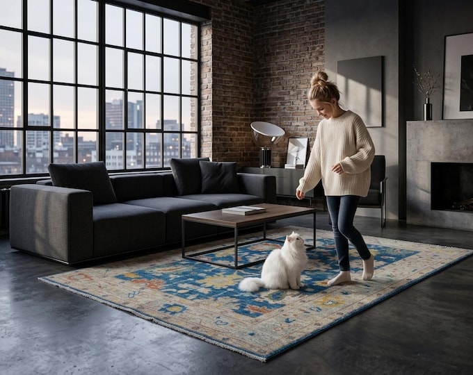 5.2 X 5.10 ft Blue and Beige Floral Handmade ,Oshak Wool