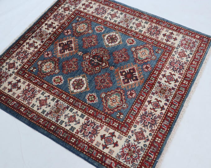 3.5 X 3.5 ft Handmade Geometrical Square Super Kazak Rug, Blue and Beige, Cotton and Wool