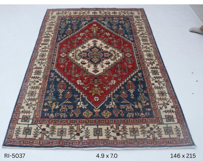 Hand-knotted Super Kazak Cotton and Wool Rug, Geomatrical in Red base and Beige border, 4.9 X 7.0 ft