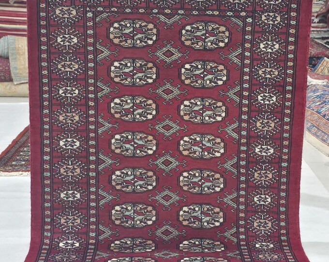 2.5 X 4 ft Red Geometrical Handmade, Mori Bokhara Rug Cotton and Wool