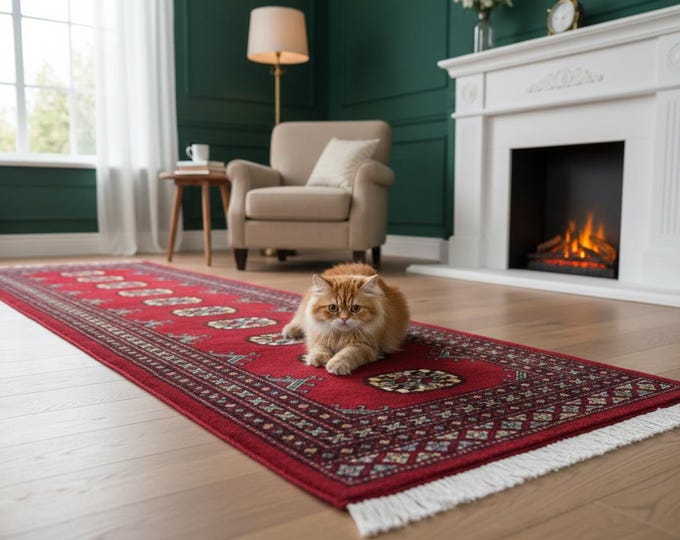 2.1 X 6.0 ft Red Geomatrical Runner Handmade, Mori Bokhara Cotton and Wool