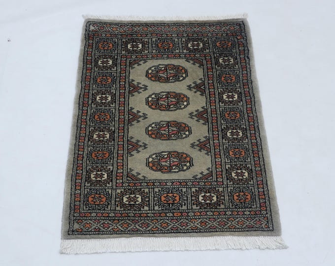 2.2 X 3.0 ft Gray Geomatrical Handmade ,Mori Bokhara Cotton and Wool